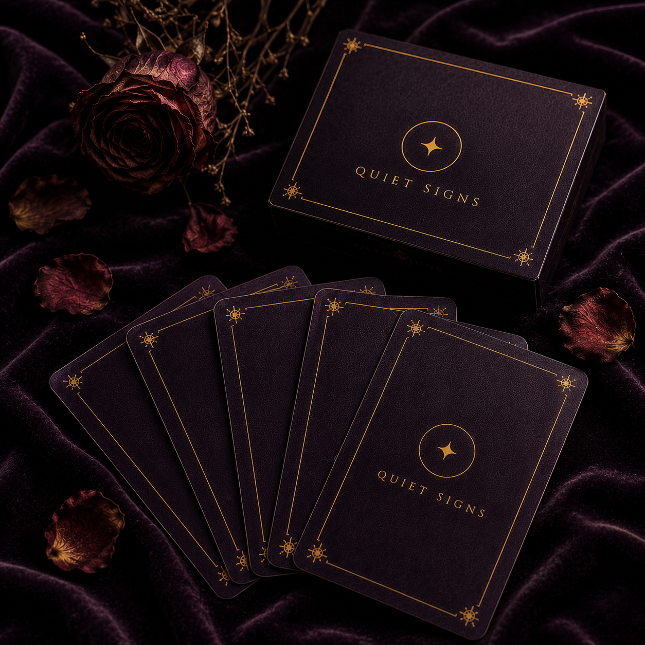 Quiet Signs card deck box with fanned cards on deep plum velvet with dried roses